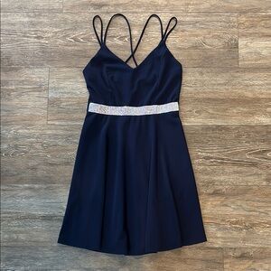 La Scala Women's Large Navy Fit & Flare Dress Spaghetti Straps & Sparkling Belt